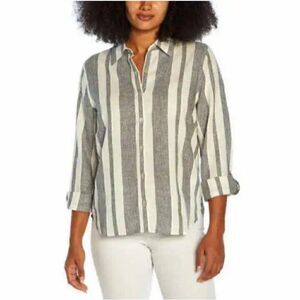 Orvis Long Sleeve Linen Blend Button-up Top Island Stripe Women's Size Large